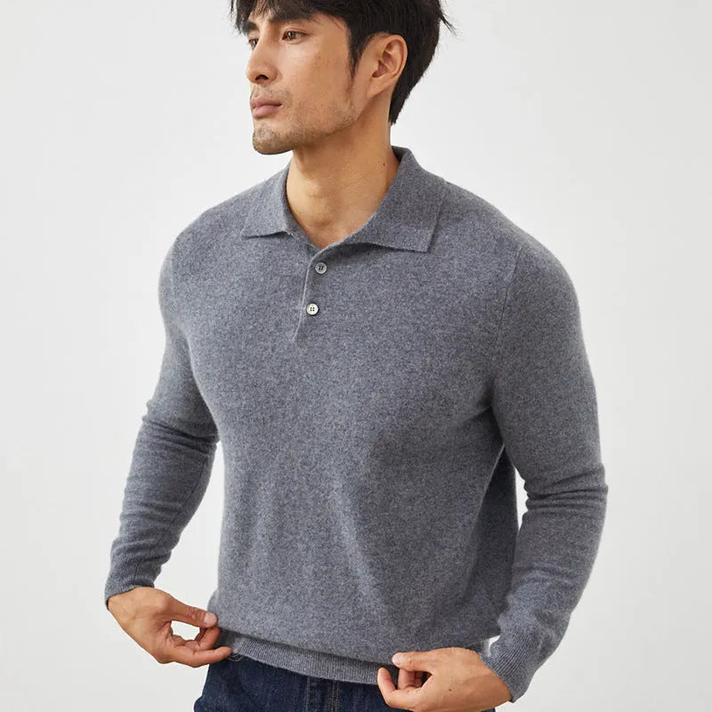 Man wearing a sapphire blue cashmere pullover sweater with a polo collar