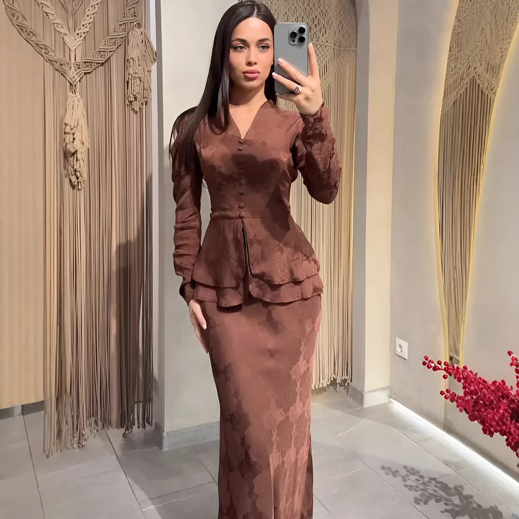 Dark brown long sleeve dress with floral pattern, button details, and a retro fake two-piece style.