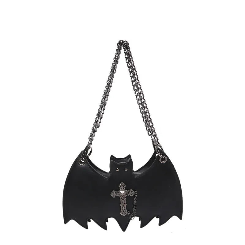 New Fashion Creative Halloween Personalized Bat Handbag in black PU leather with chain strap and batwing shape
