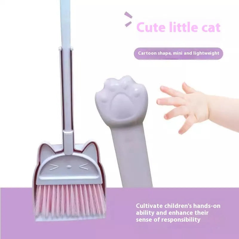 Purple plastic broom and dustpan set with non-stick rotating brush head and upright storage holder.