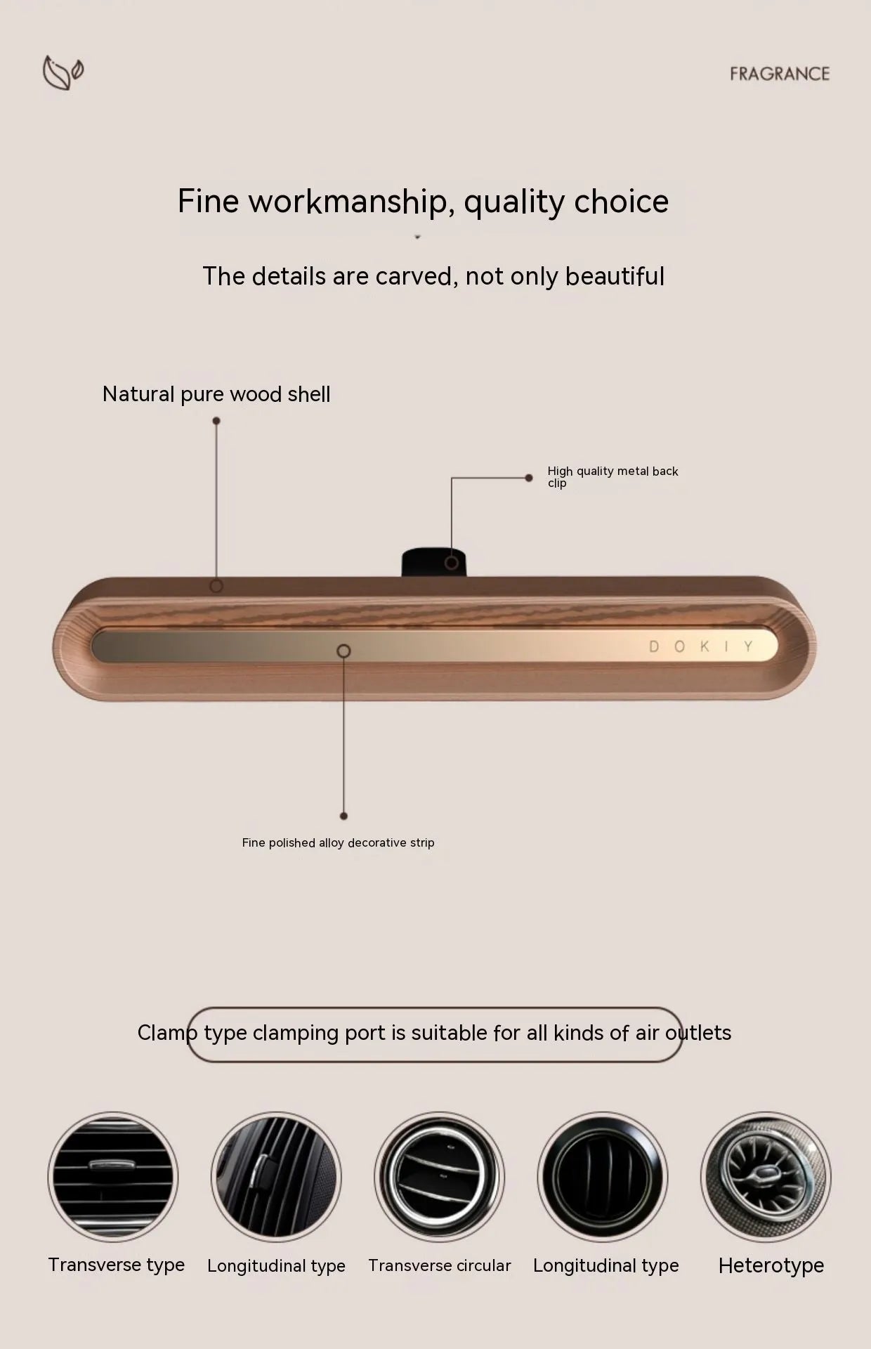 Solid long strip car vent aromatherapy ornament in walnut and metallic grey colours with two sticks