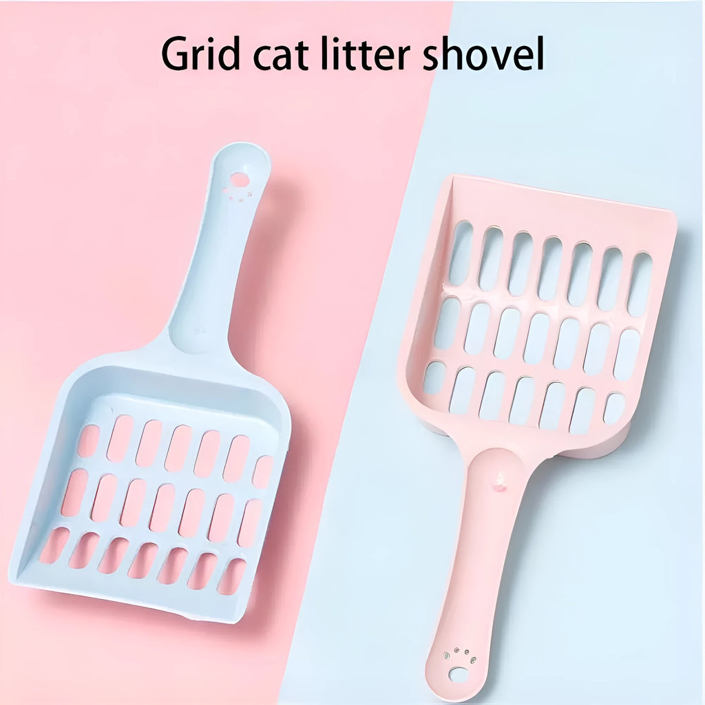 Plastic cat litter scoop in blue, green, or pink colours showing dimensions of 20cm length