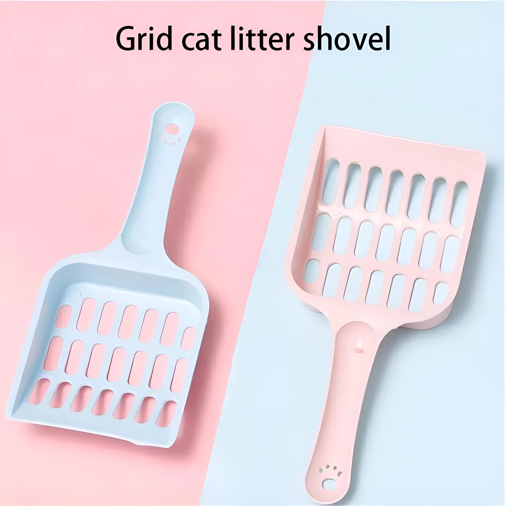 Plastic cat litter scoop in blue, green, or pink colours showing dimensions of 20cm length