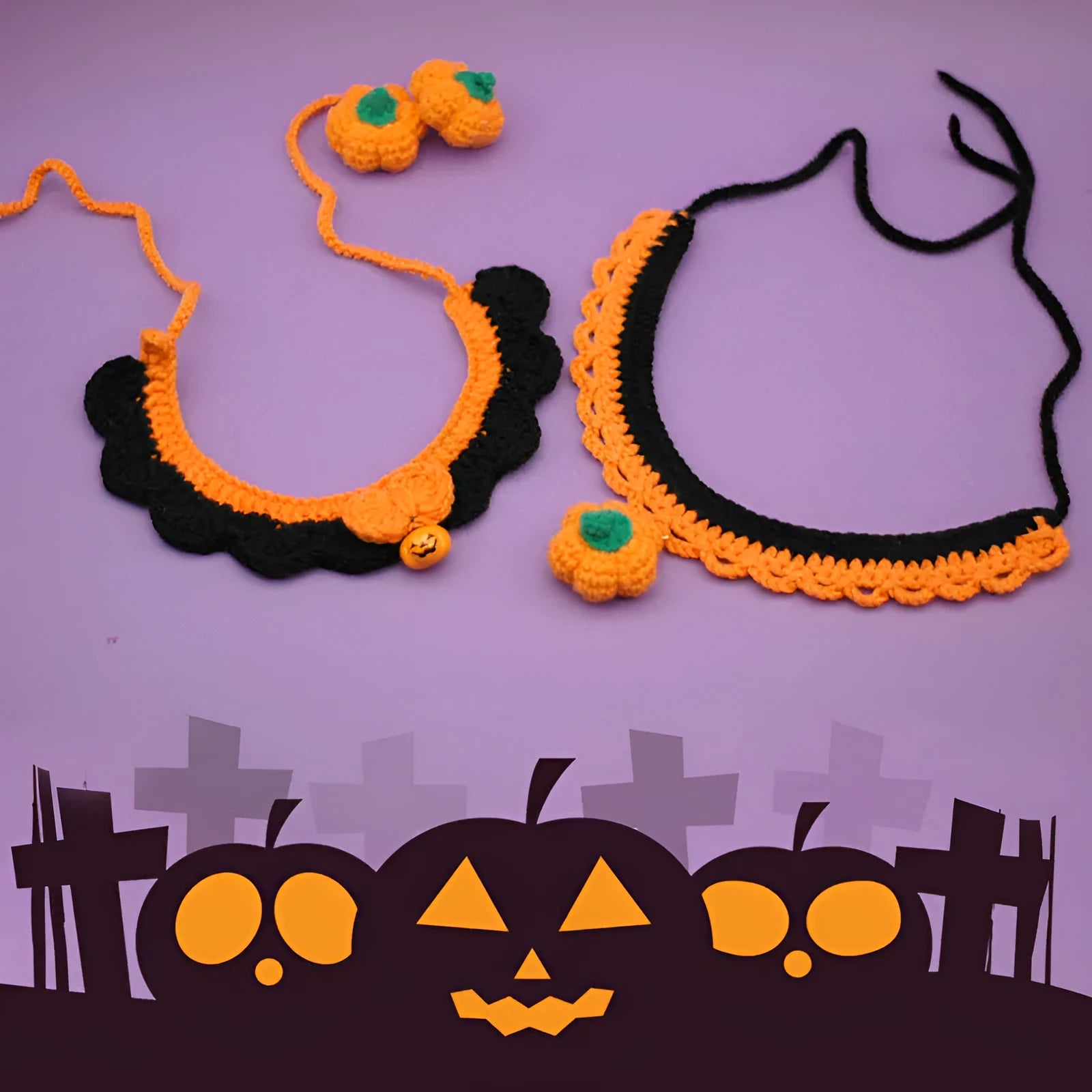 Hand crocheted Halloween pet collar in wool with adjustable sizing for dogs and cats