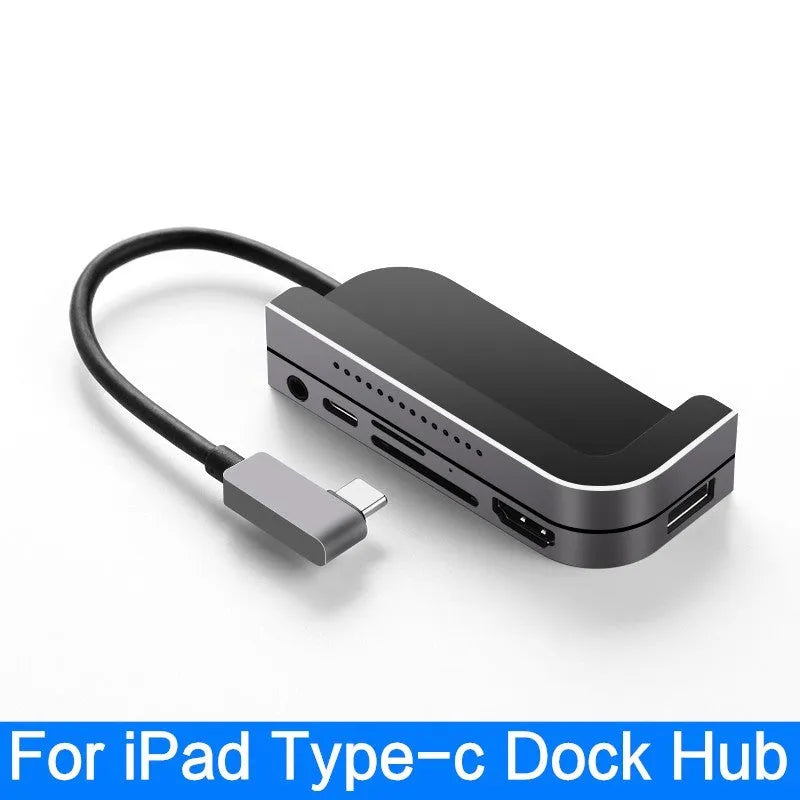 Silver aluminium USB-C docking station for iPad Pro with HDMI port and SD card reader