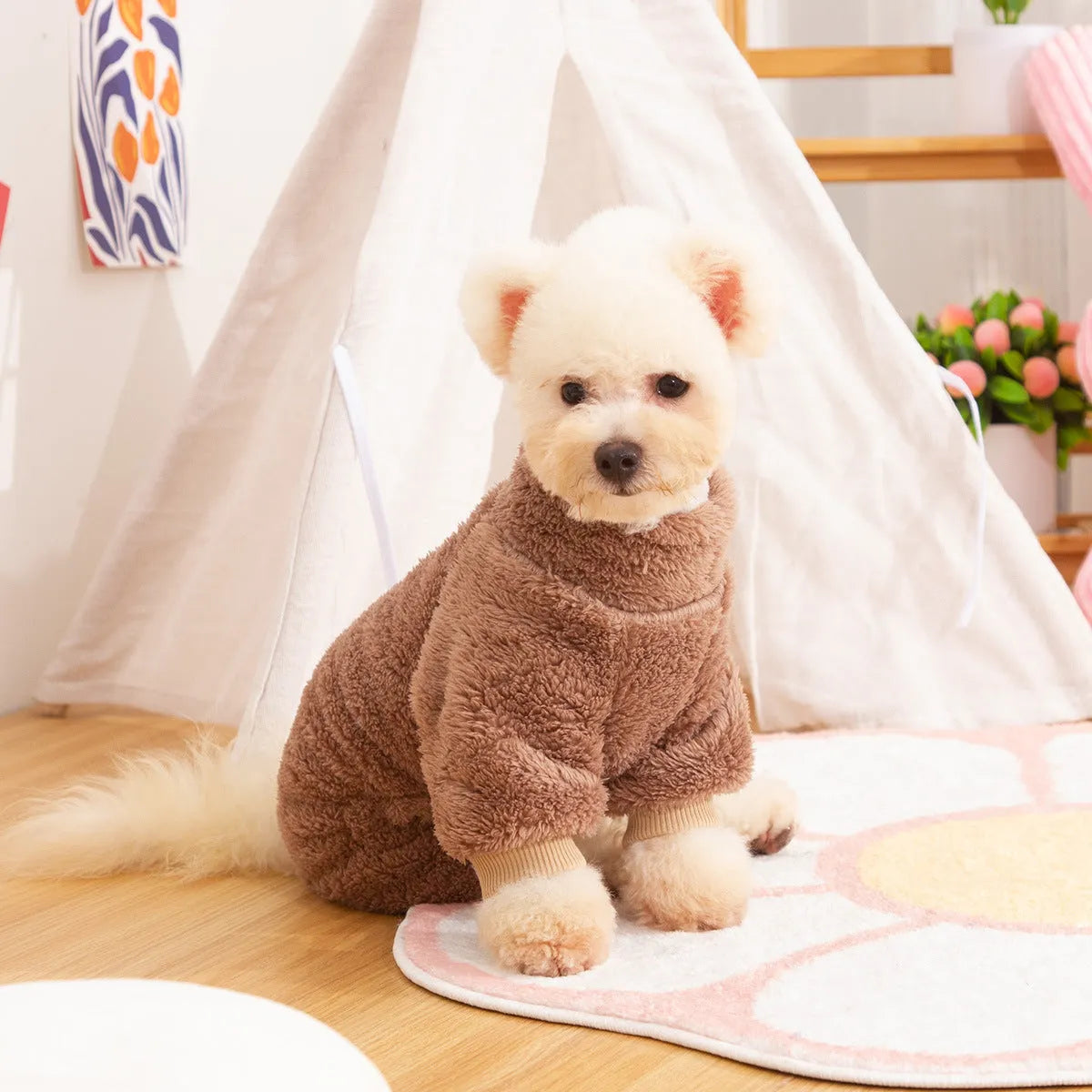 Blue four-legged dog clothes with high collar and towing ring made of double-sided plush cotton velvet