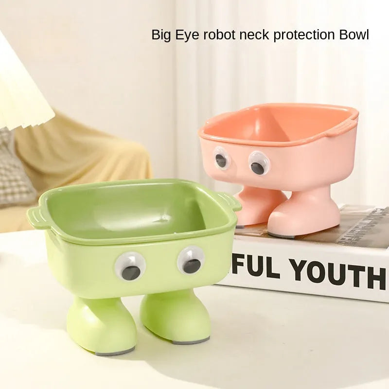 Green robot-shaped elevated cat bowl with tilted dish and non-slip base