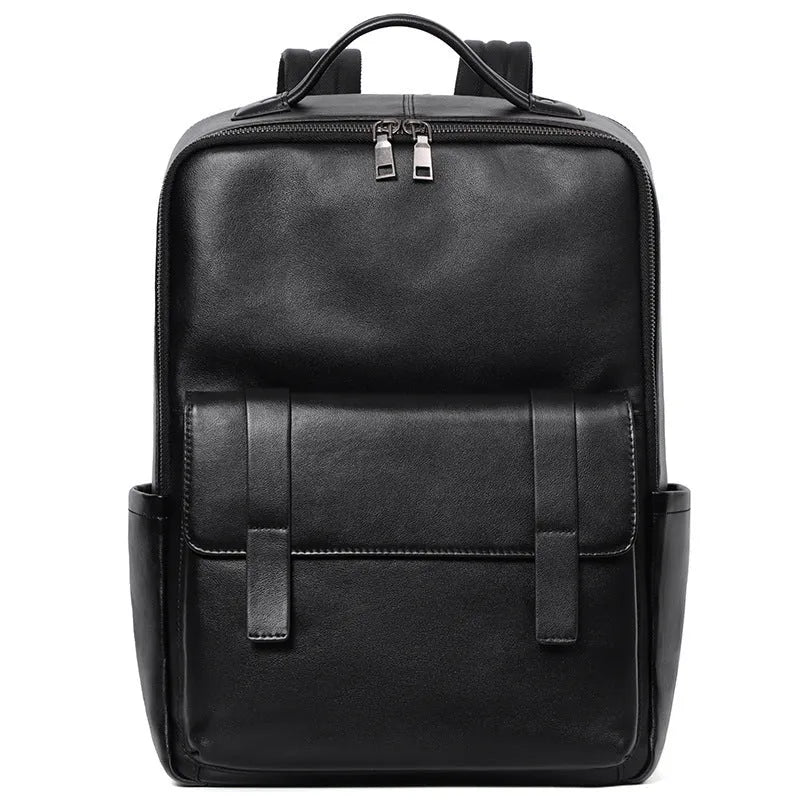 Black genuine leather men's computer backpack with woven details and ergonomic back plate