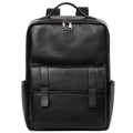 Black genuine leather men's computer backpack with woven details and ergonomic back plate