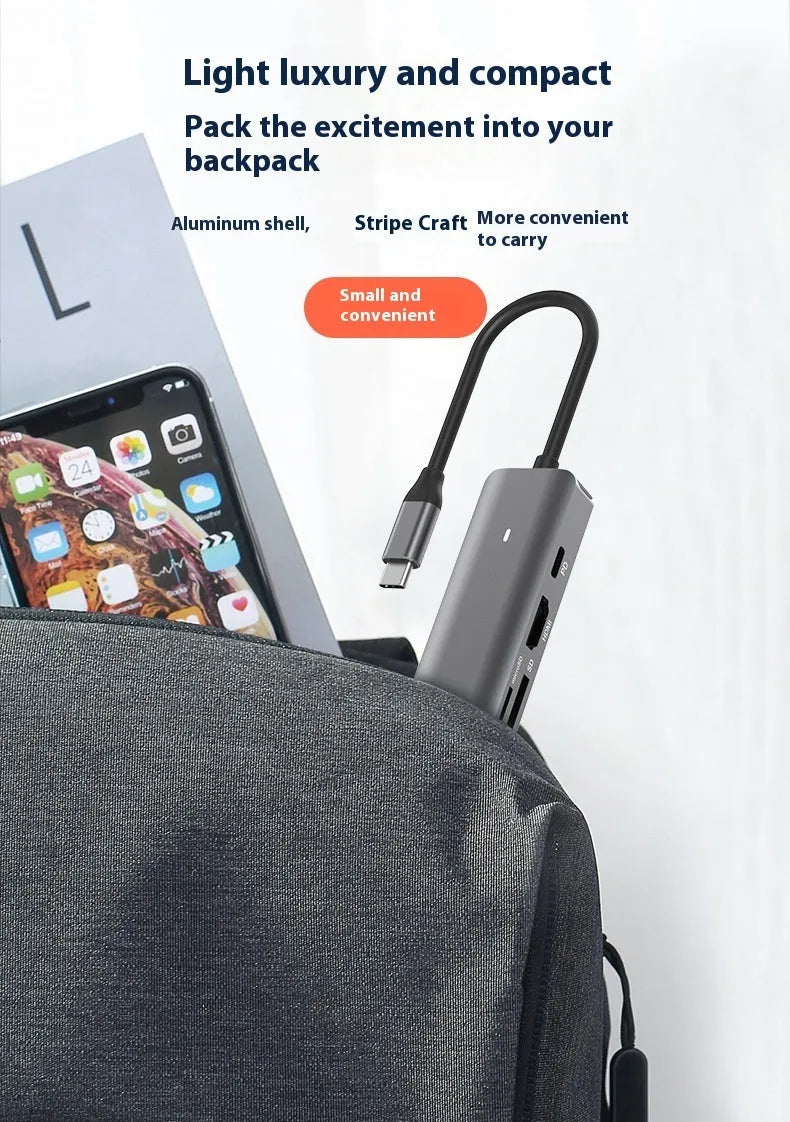LQT-LH07 7-in-1 USB-C hub with HDMI port, USB-A ports, and SD/TF card reader slots for laptops.