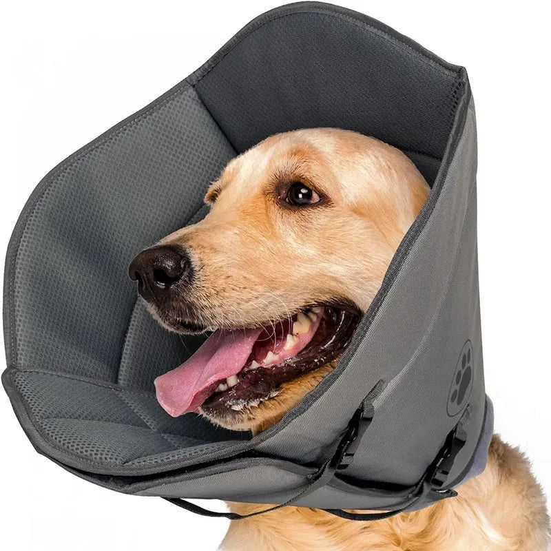 Adjustable fabric pet recovery collar in sizes L, M, XL, shown in double layer and single layer styles.