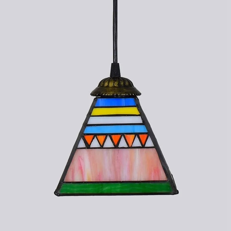 Small art stained glass droplight pendant light with coloured glass shade and iron ceiling plate.