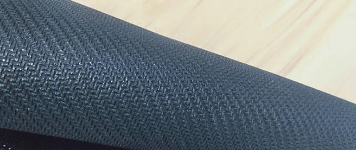 Large natural rubber desk pad with graphic print, showing non-slip base and size options for mouse and keyboard.