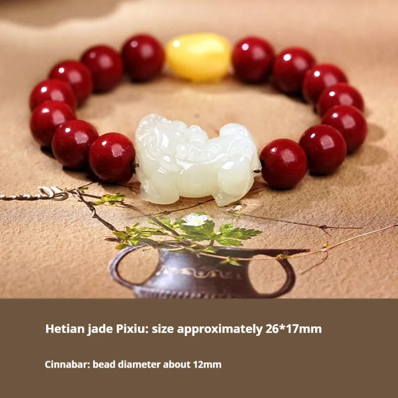 A Hetian jade bracelet with braided black and red rope in a Chinese style design.