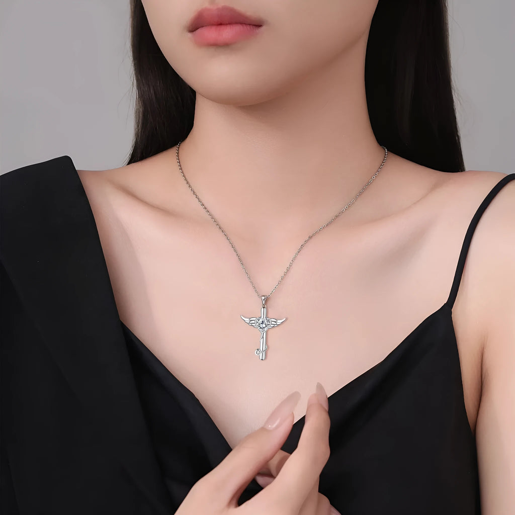 Women's winged cross stethoscope necklace in electroplated copper with personality wings design