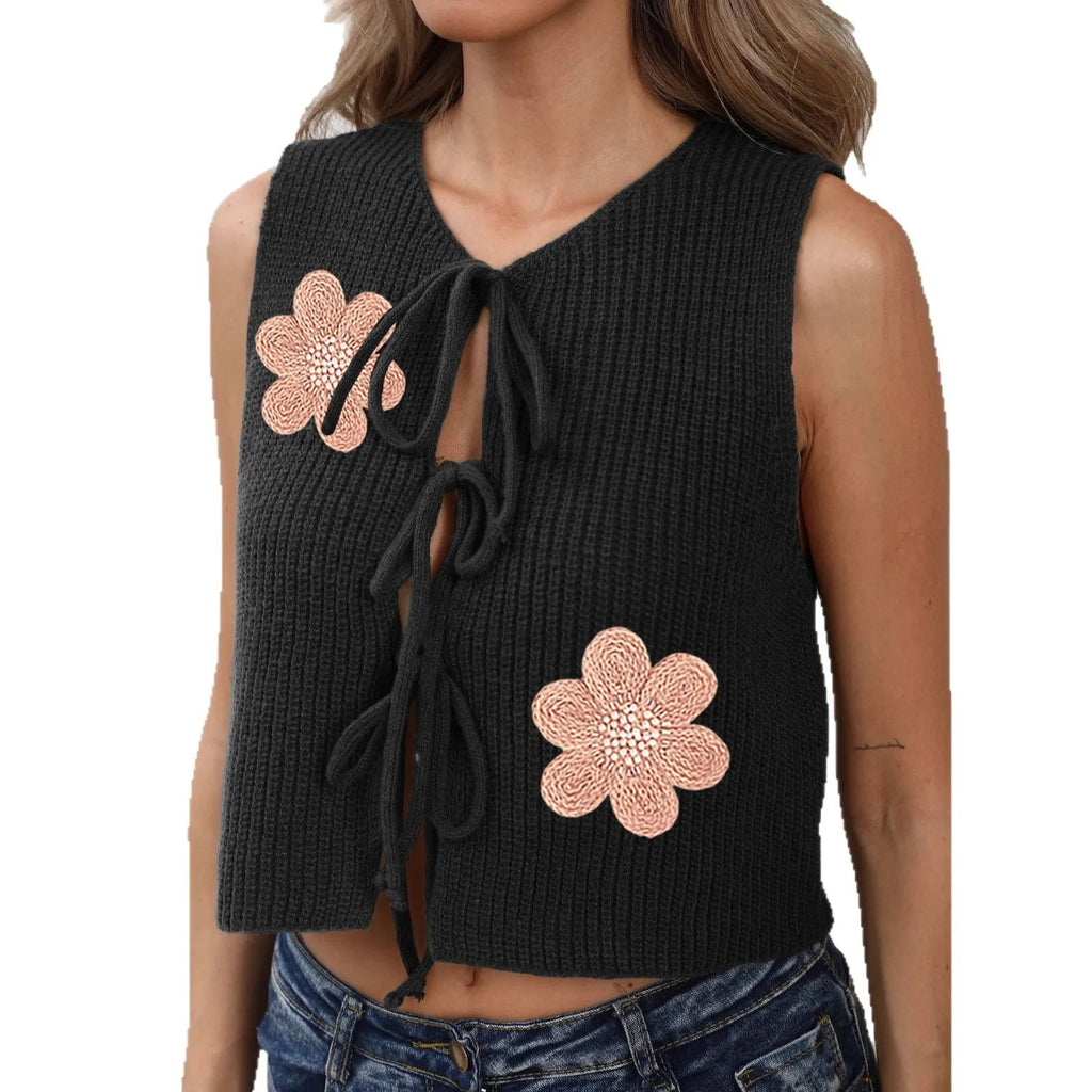Ladies sleeveless cardigan vest with lace-up bow front in deer plush polyester fabric, short 40cm length