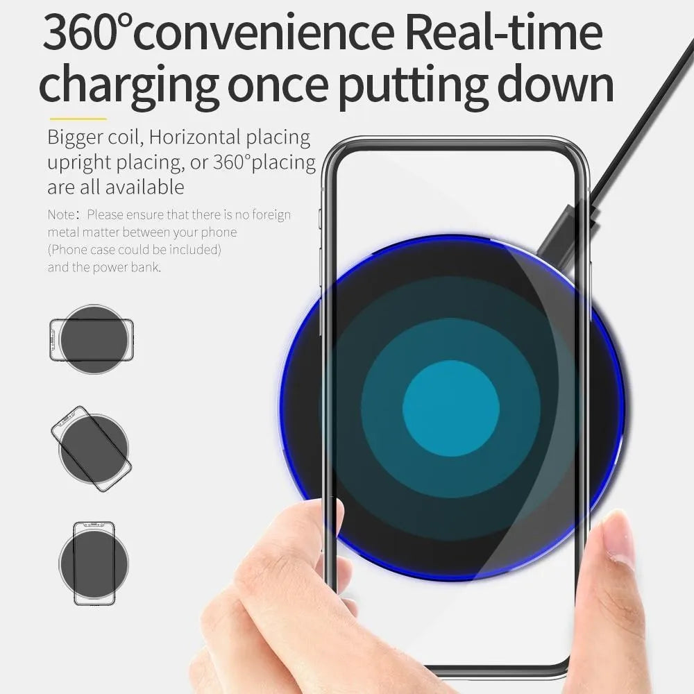 Black ultra-thin 98mm square wireless fast charging pad with USB cable for QI-enabled devices