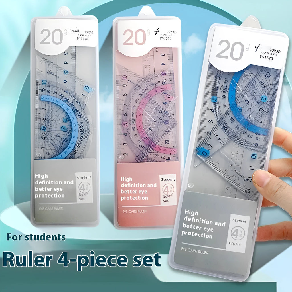 Transparent acrylic ruler set with square and protractor tools for drawing and geometry measurement