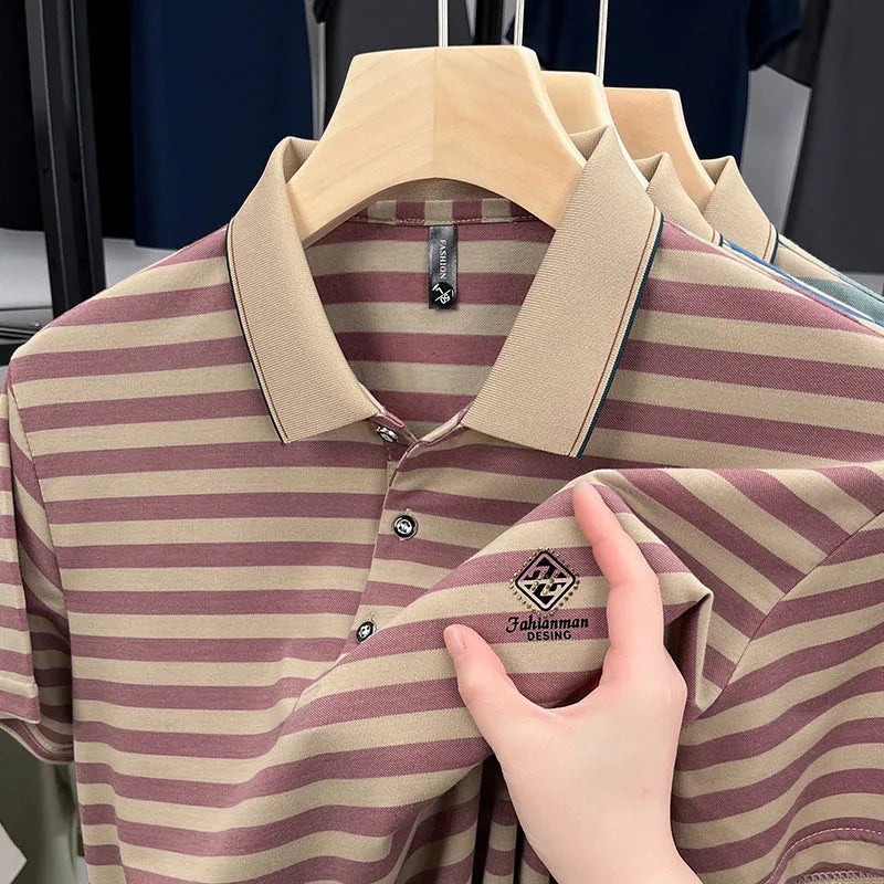 Men's red striped short sleeve t-shirt with mosaic pattern detail on a mannequin.