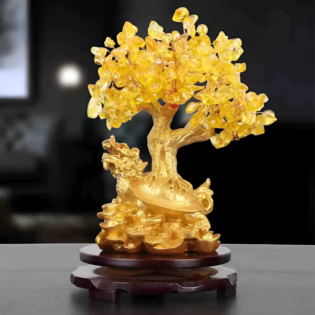 Citrine small water turtle money tree Feng Shui ornament made from resin.