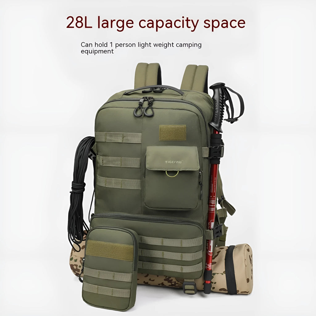 Army green tactical backpack with waterproof nylon construction showing 17-inch frame and adjustable straps