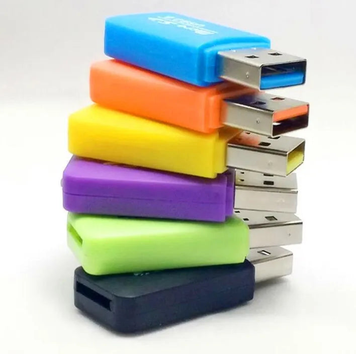 Mini USB TF Card Reader with integrated USB plug and included SD card transfer adapter.