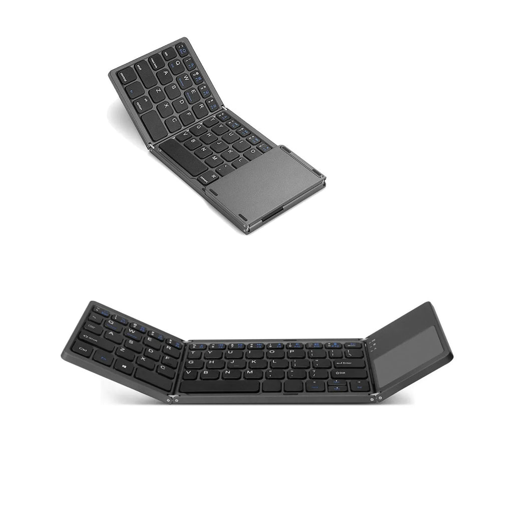 Black mini tri-fold Bluetooth keyboard shown folded and unfolded next to a mobile phone.
