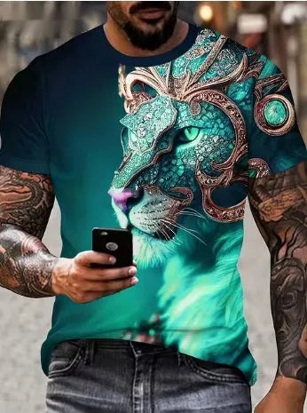 Men's black T-shirt with a detailed, raised 3D lion print on the chest.