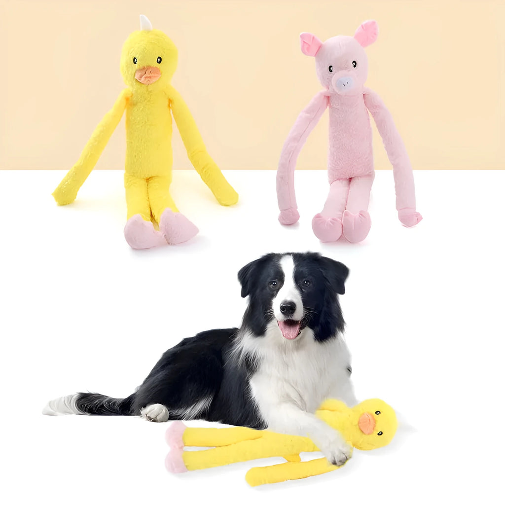 Plush dog toy with sound features for large breeds in pink and yellow colour options