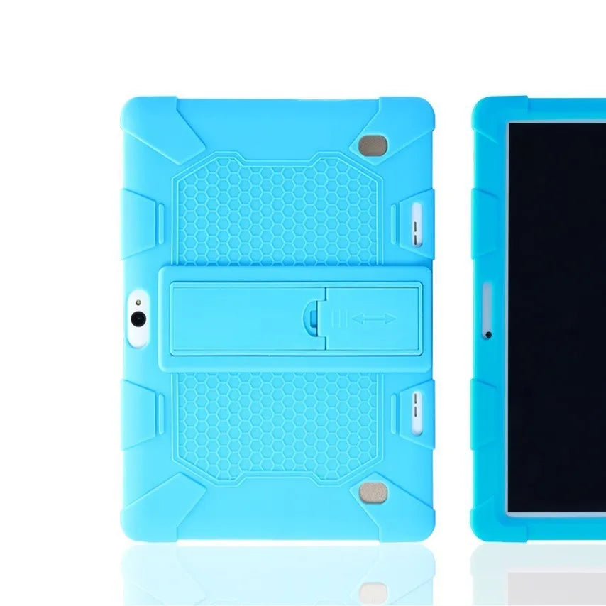 Pink silicone protective case with stand for a 10.1-inch tablet on a table.