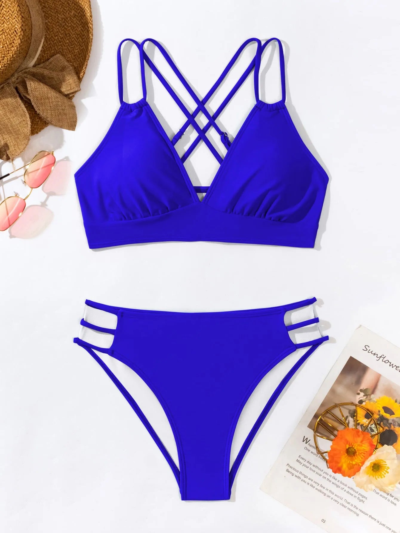 Women's V-neck halter bikini swimsuit with split bottoms in multiple colour options