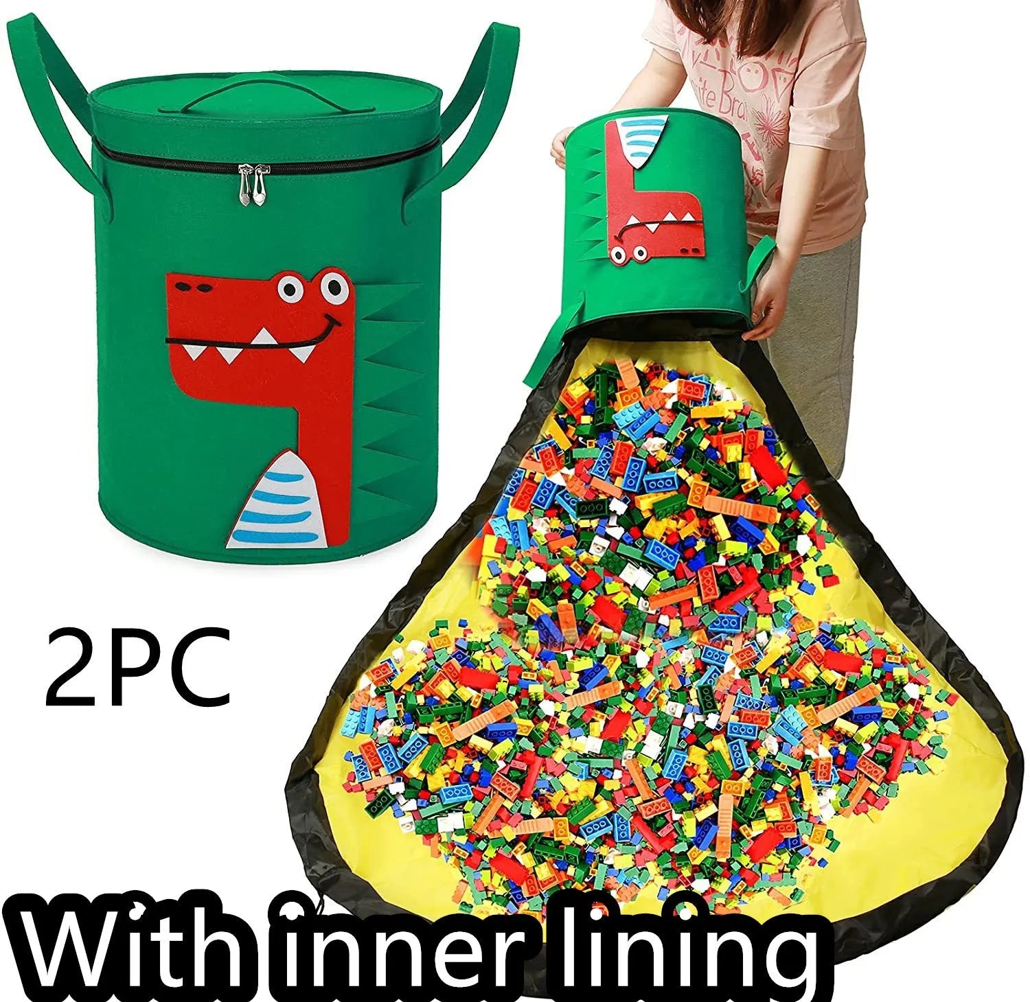 Green felt cube storage bag with a pull rope, laid flat as a play mat.