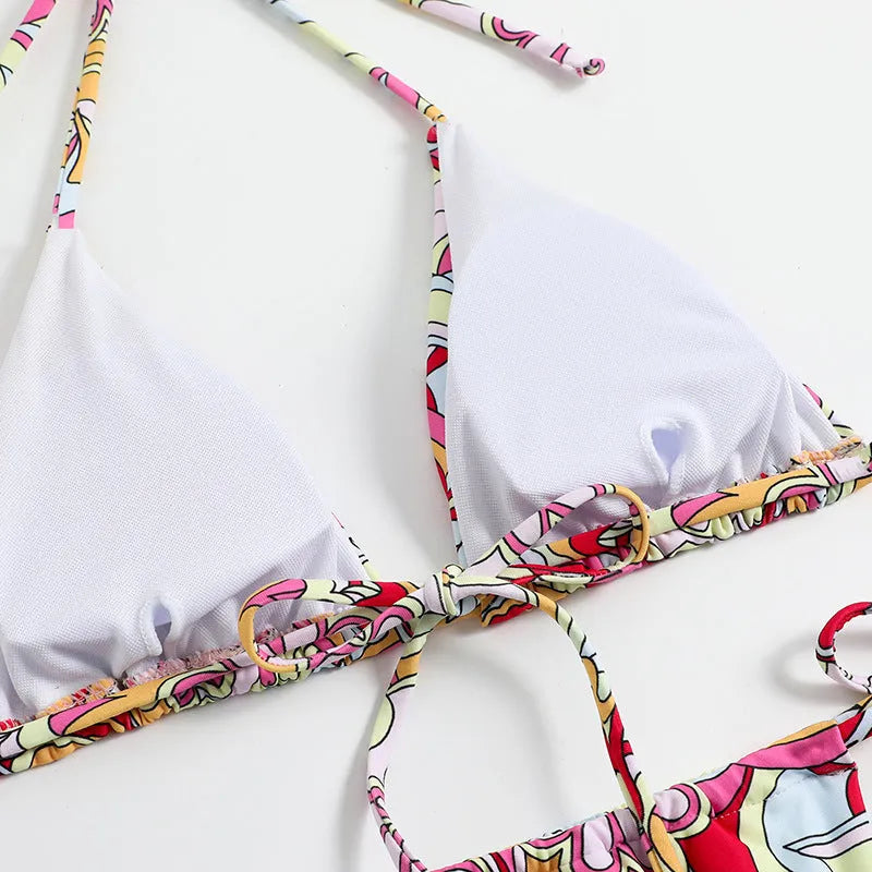 Women's triangle print bikini separate system with adjustable hanging neck design in multicolour pattern