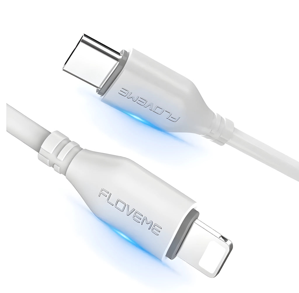 White braided USB-C to Lightning charging cable for Apple iPhone and iPad.