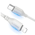 White braided USB-C to Lightning charging cable for Apple iPhone and iPad.