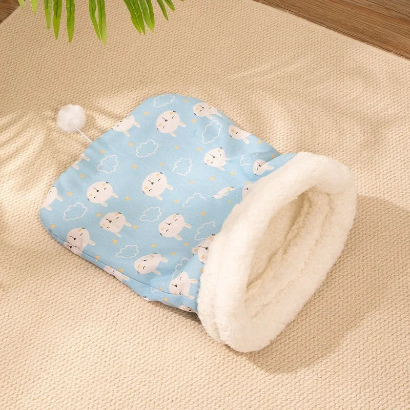 Flannel cat sleeping bag nest in blue rabbit design measuring 50 by 40 cm