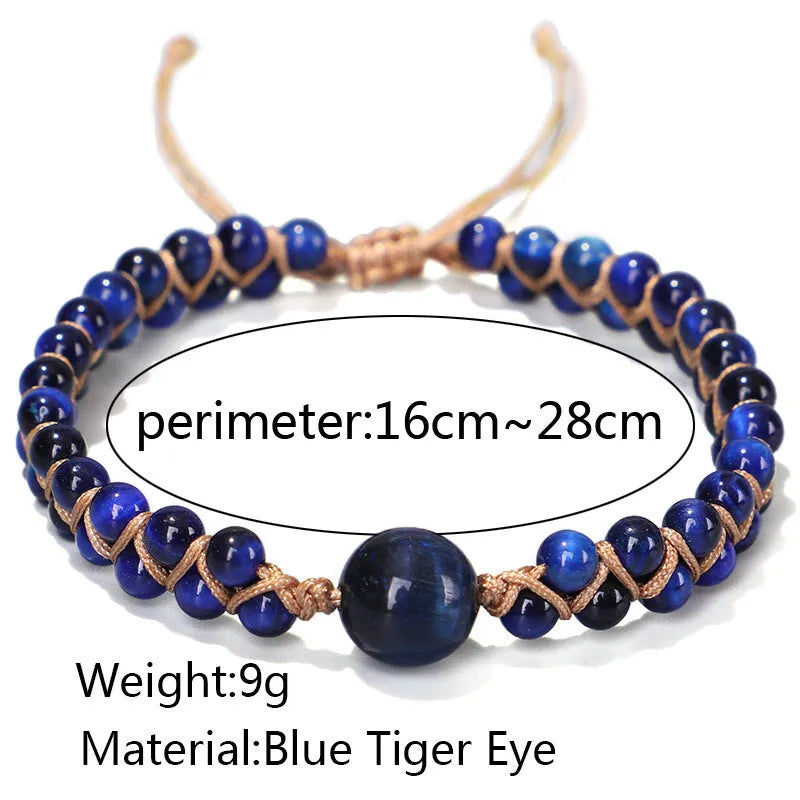 Handmade woven geometric bracelet with blue tigereye stone beads and adjustable pull closure.