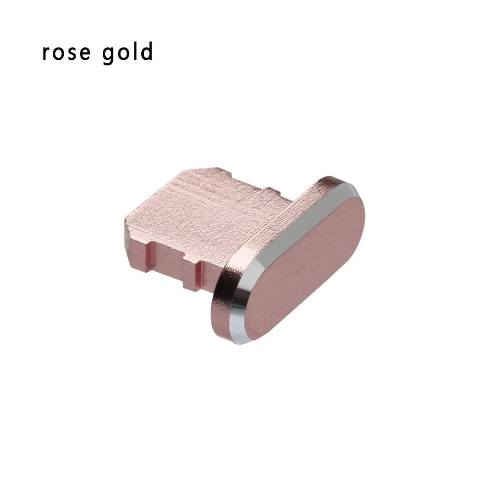 Aluminium alloy mobile phone charging port dust plug for iPhones, shown in rose gold colour.