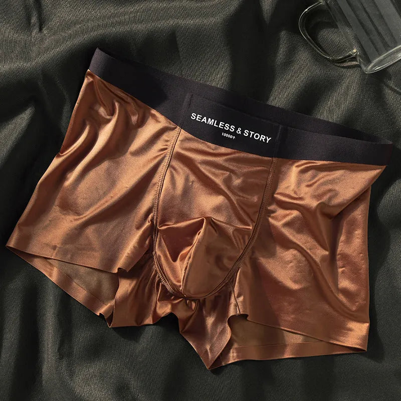Men's mid-waist ice silk satin underwear in coffee colour showing traceless design