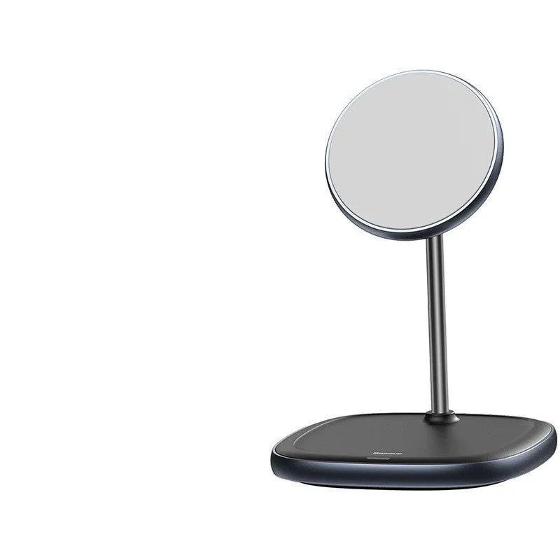 Black magnetic wireless charging stand holding iPhone 12 at angle with Type-C cable connected