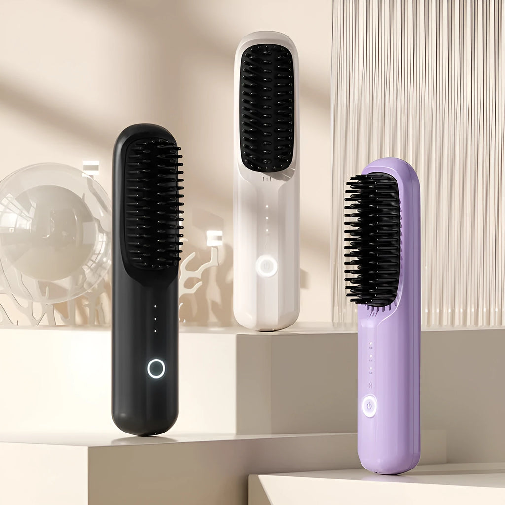 Beige wireless anion hair straightening comb on a table with Type-C cable.