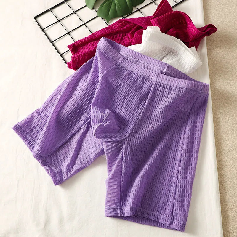 Men's solid colour lace boxer shorts for shaping, shown in multiple colours including rose red and black.
