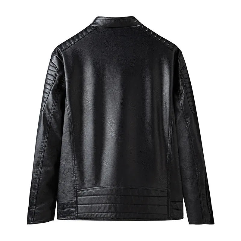 Men's PU leather jacket in black with zipper pockets, casual regular fit, spring autumn wear