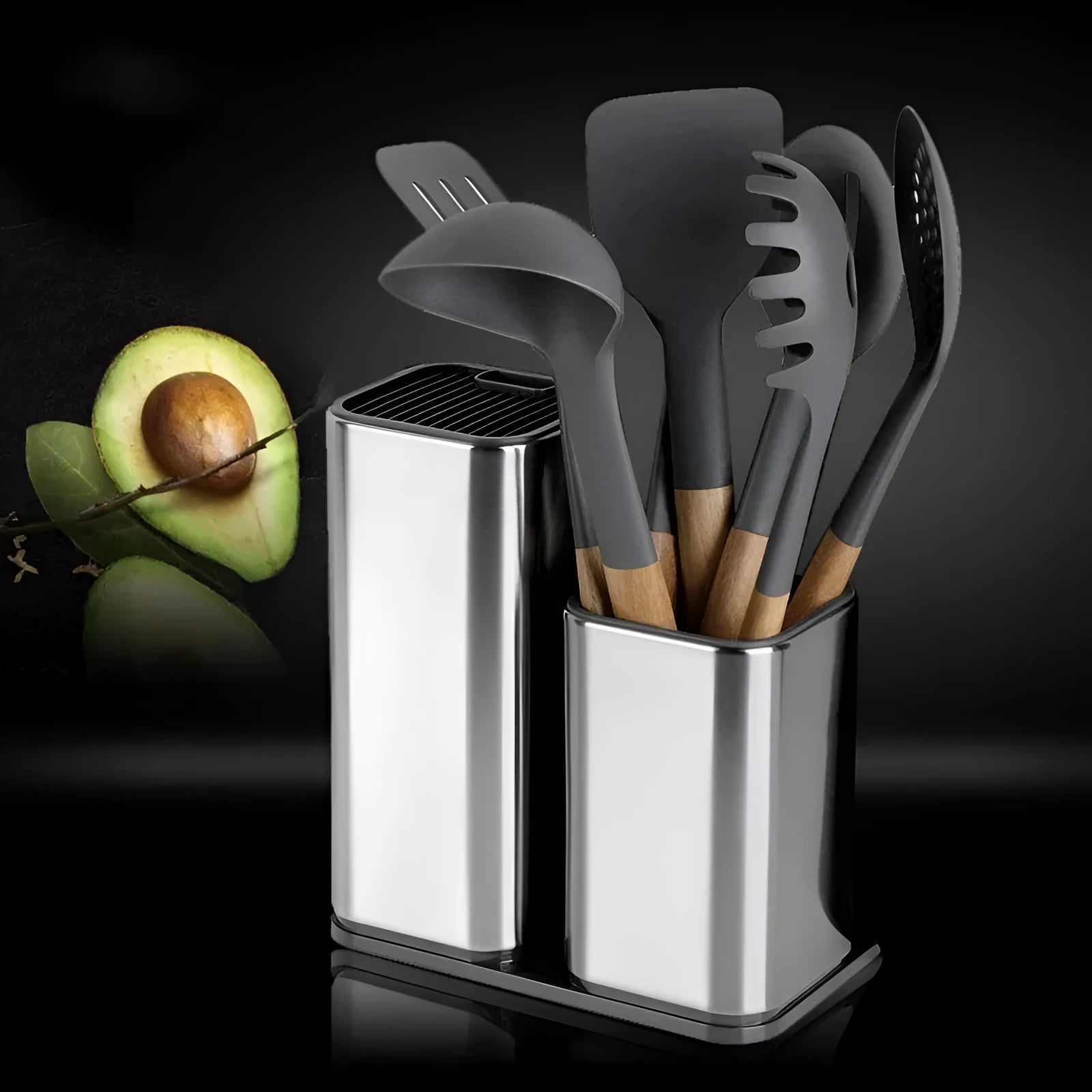 Stainless steel kitchen tool holder with detachable draining base in black and white colours
