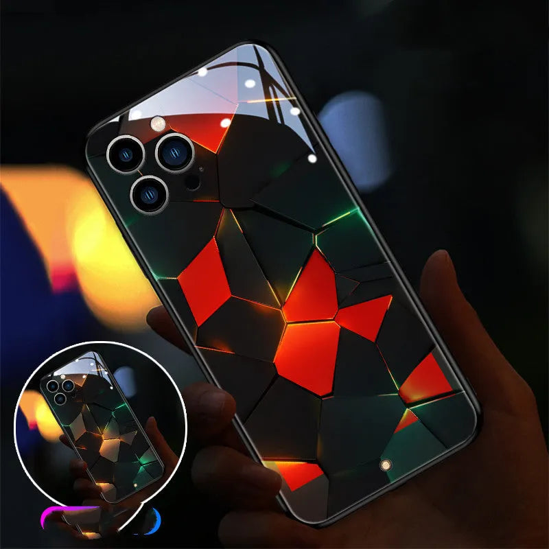 Xpress 14 tempered glass iPhone case with illuminated notification light on a phone.