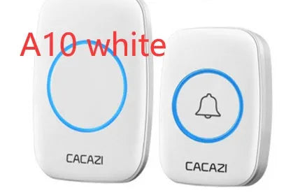 Wireless doorbell system with push-button transmitter and plug-in receiver unit showing 300m range and 36 melody options