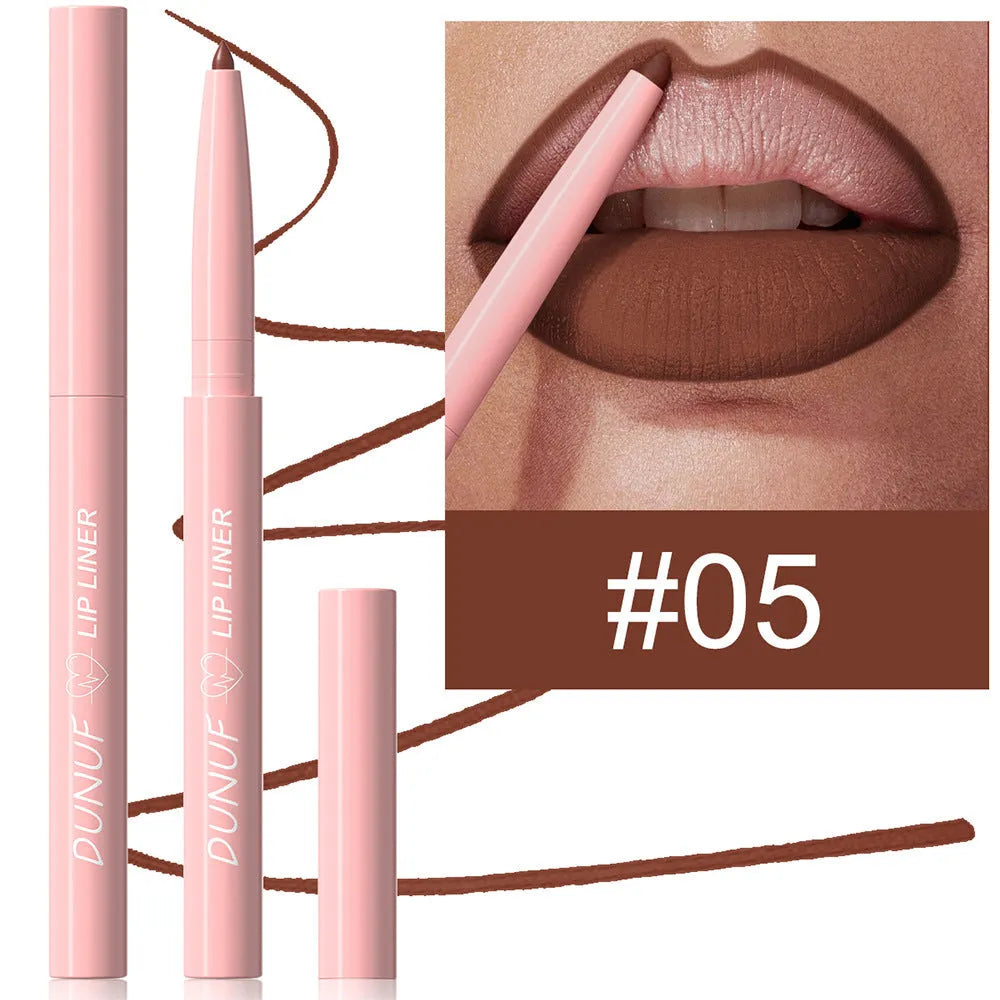 Velvet matte lip liner pencil in one of 12 available shades on a white background.