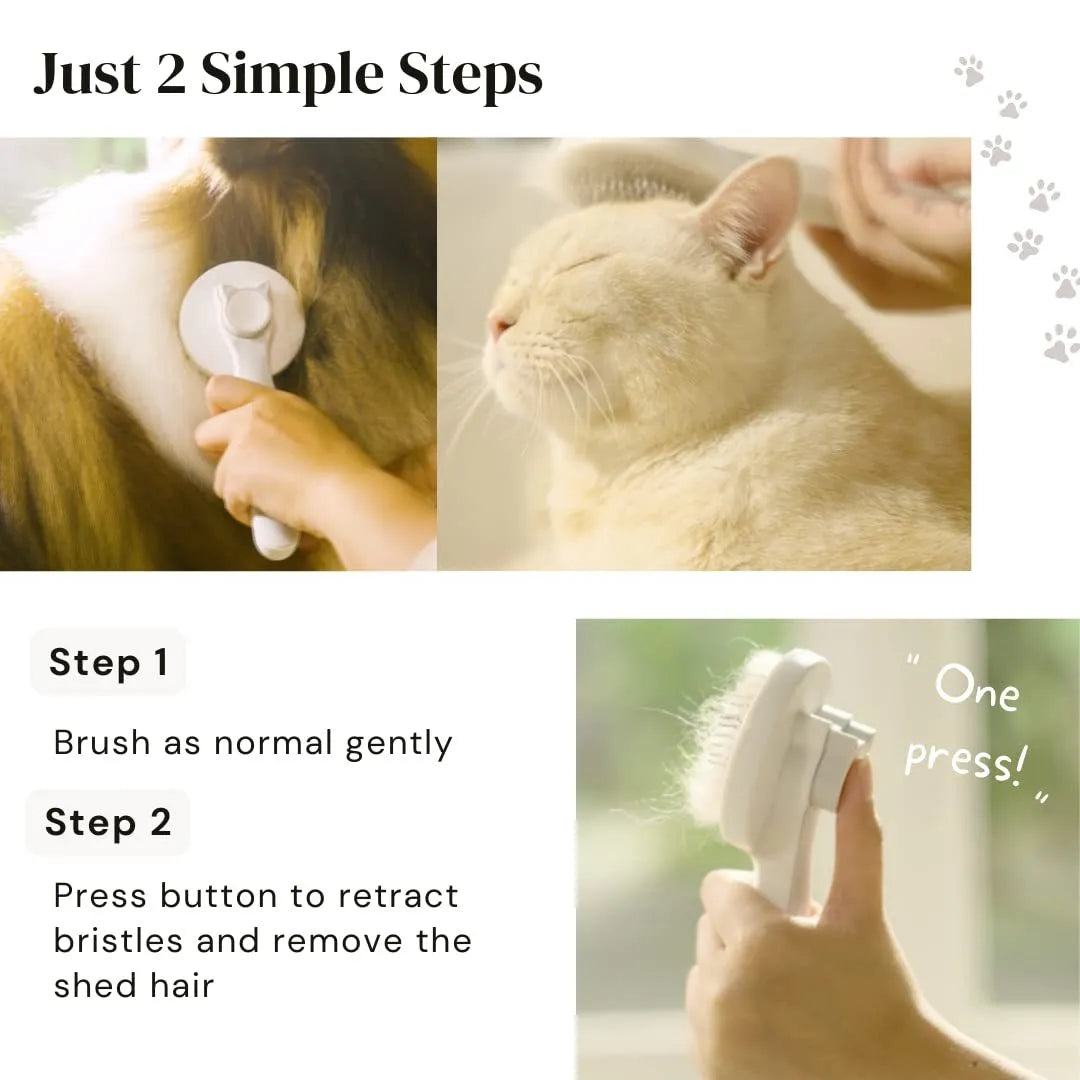 Blue self-cleaning pet grooming brush with rubber handle and stainless steel pins on a white background.