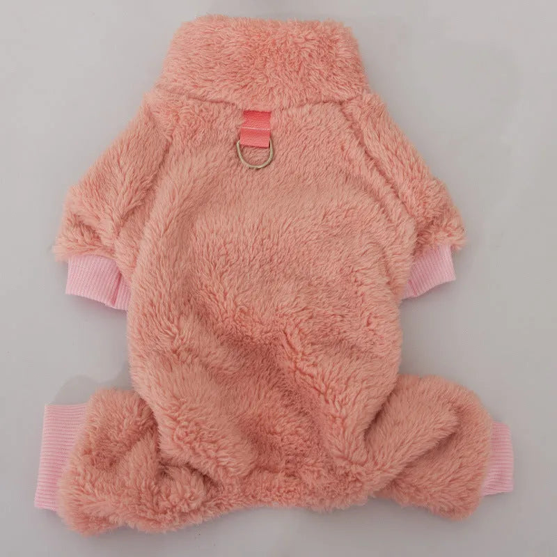 Blue four-legged dog clothes with high collar and towing ring made of double-sided plush cotton velvet