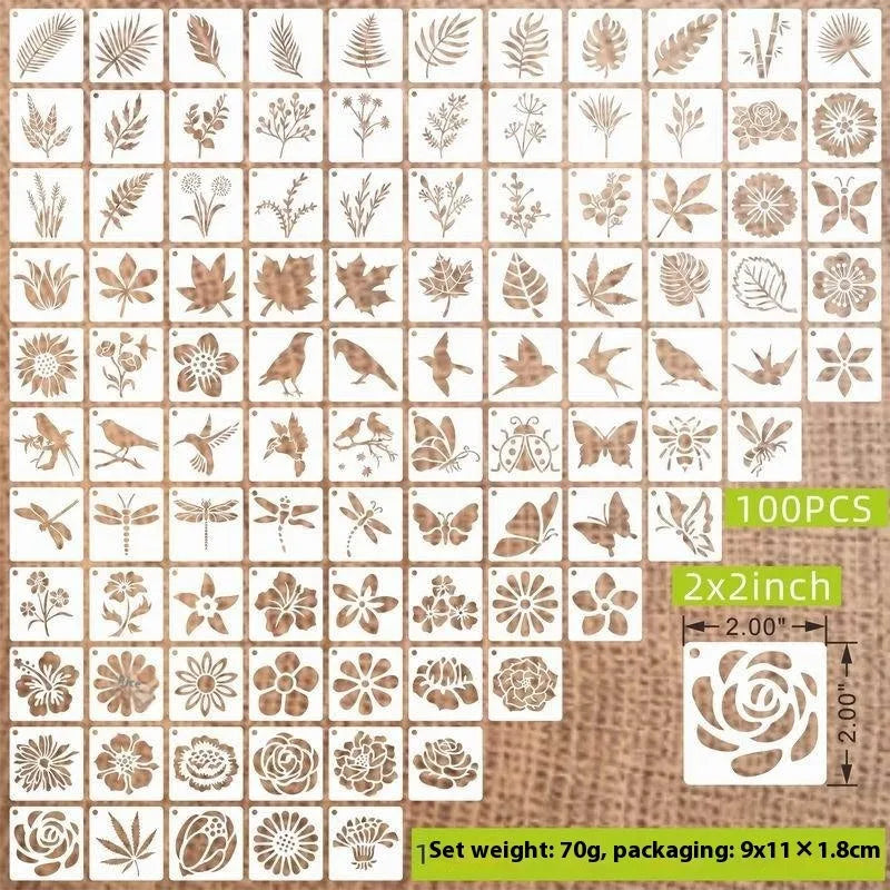 Milky white PET film stencil templates showing flower, leaf, ocean, animal, and letter designs for spray painting